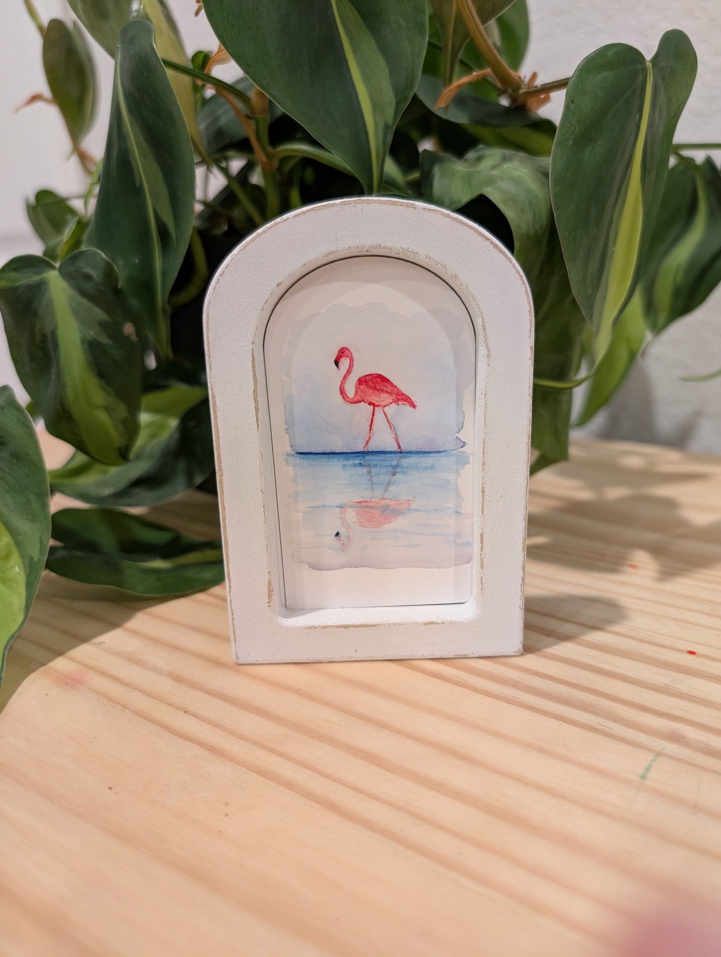 Mini Flamingo with Reflection Art Print - Wood Arch Frame - Lora Cavallin Art