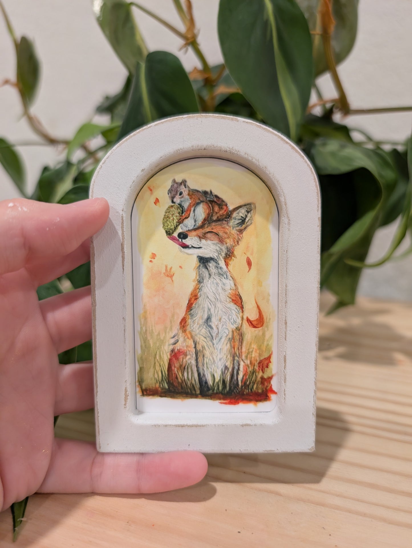 Mini Fox and Squirrel Art Print - Wood Arch Frame - Lora Cavallin Art