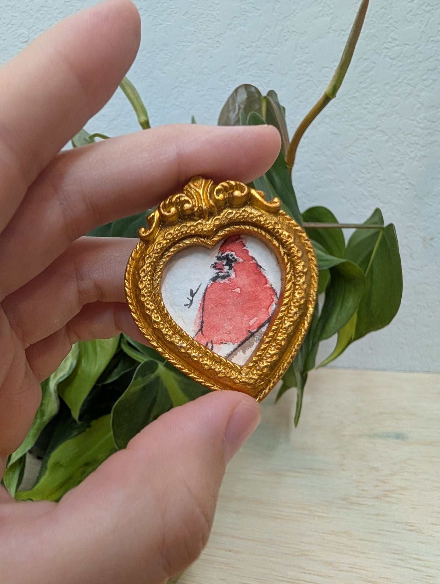 Mini Cardinal Bird Painting - Original Watercolor Art by Lora Cavallin