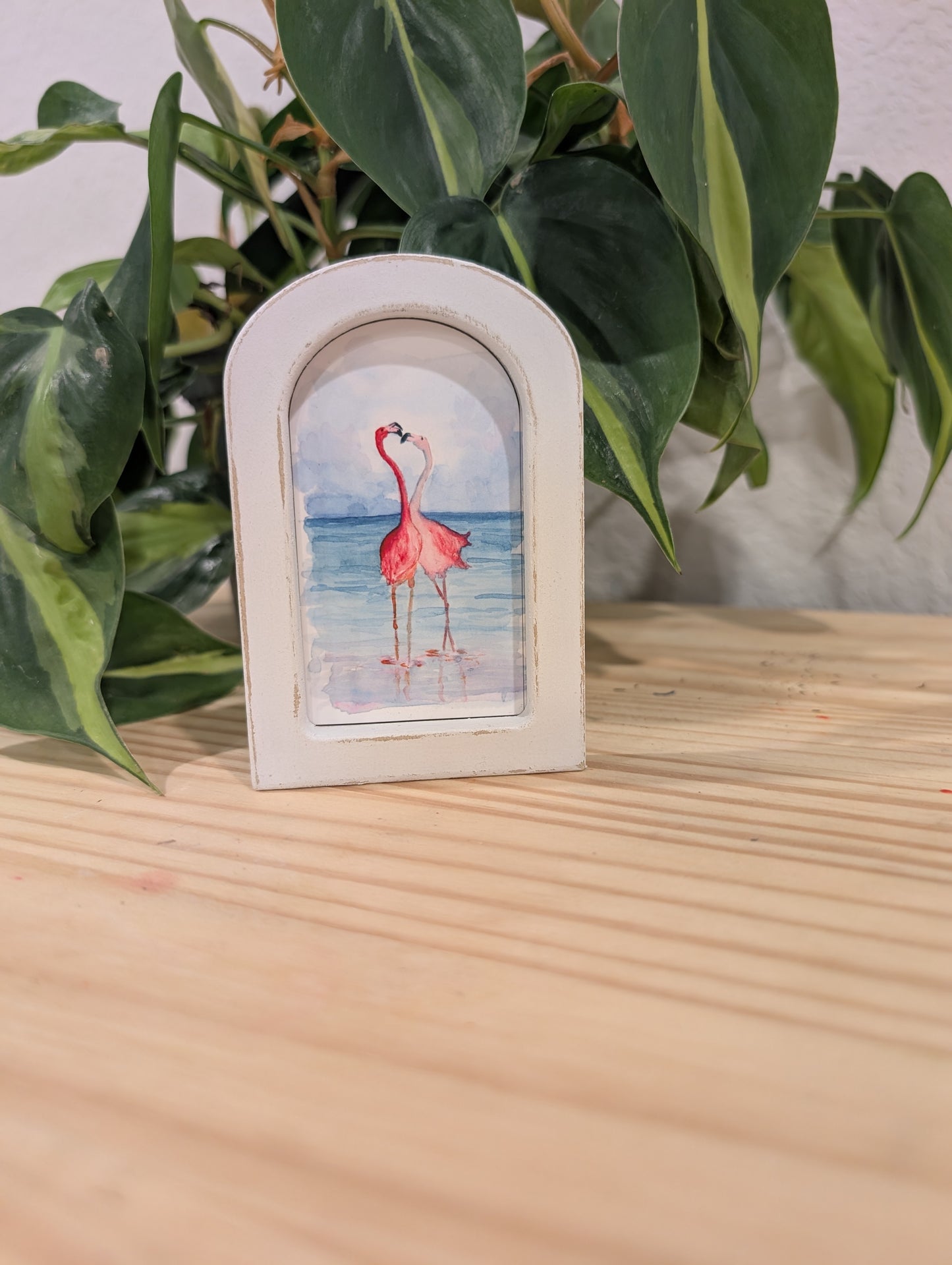 Mini Flamingos in Love Print - Wood Arch Frame - Lora Cavallin Art