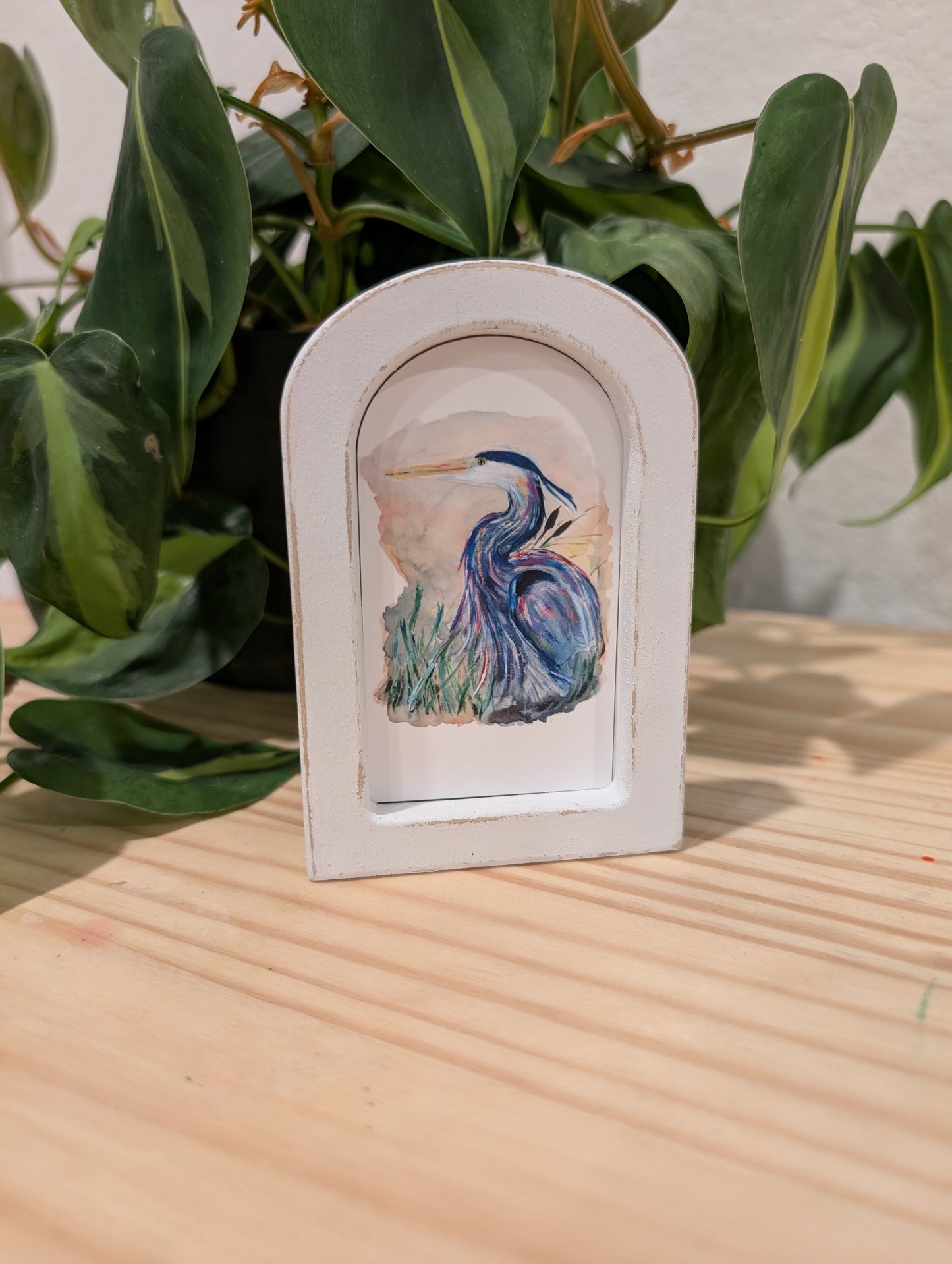 Mini Whimsical Blue Heron Art Print - Wood Arch Frame - Lora Cavallin Art