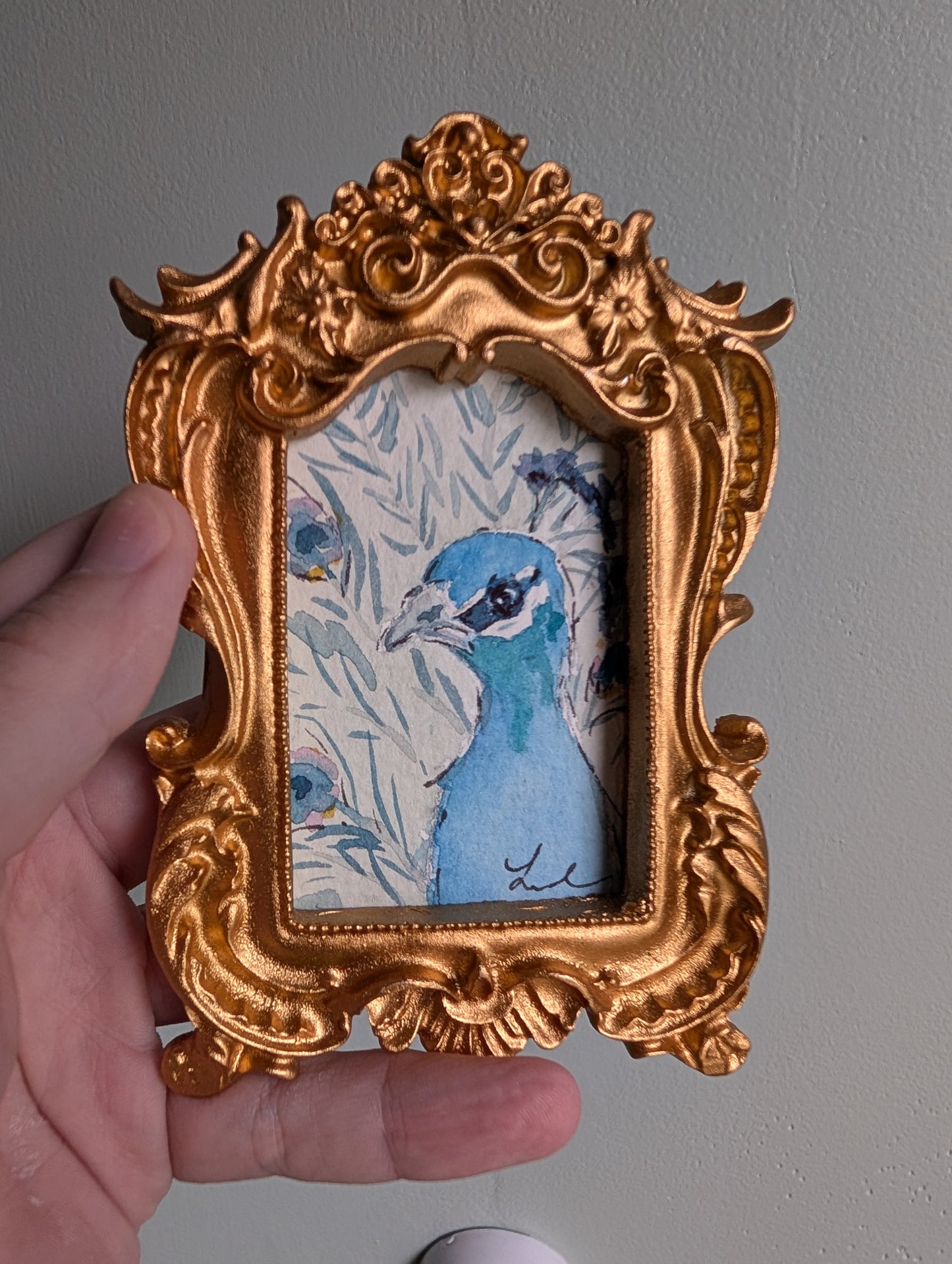 Mini Peacock Painting - Original Watercolor Art by Lora Cavallin