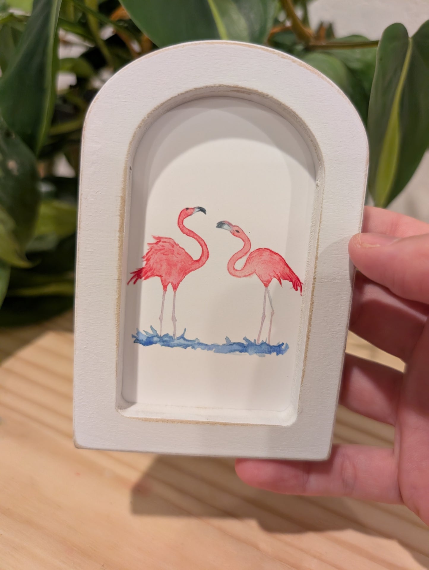 Mini Flamingo Dance Art Print - Wood Arch Frame - Lora Cavallin Art