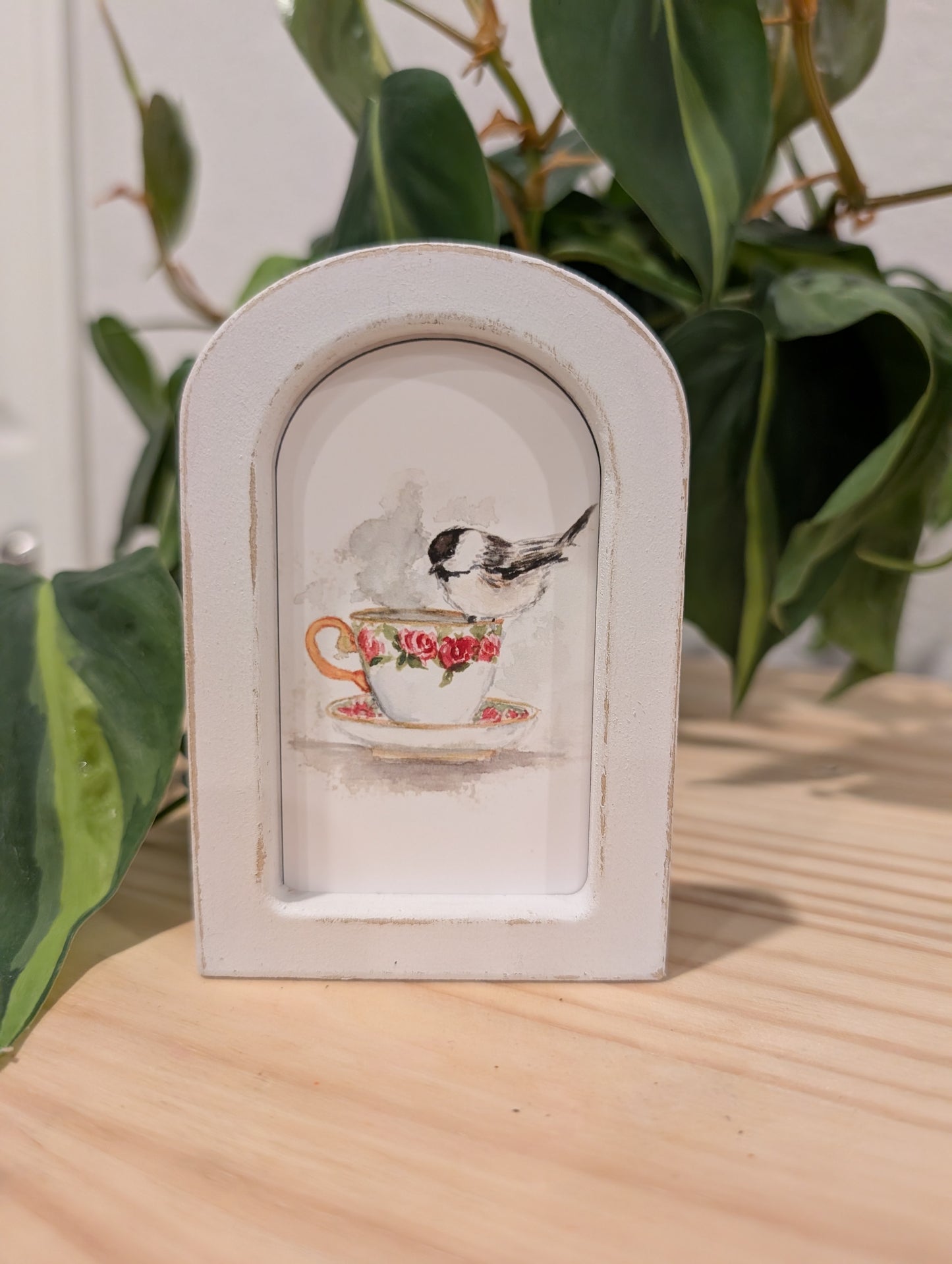 Mini Chickadee Bird on Teacup Art Print - Wood Arch Frame - Lora Cavallin Art