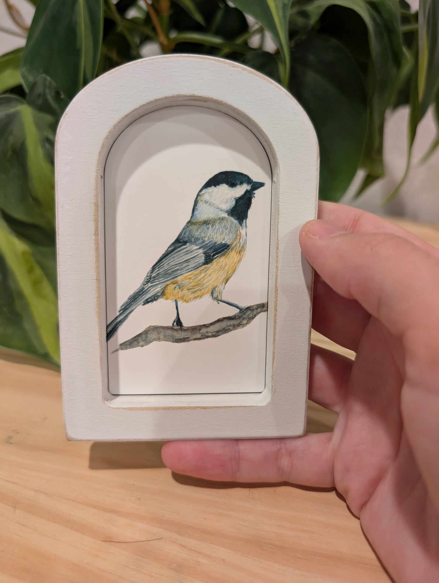 Mini Chickadee Bird Art Print - Wood Arch Frame - Lora Cavallin Art