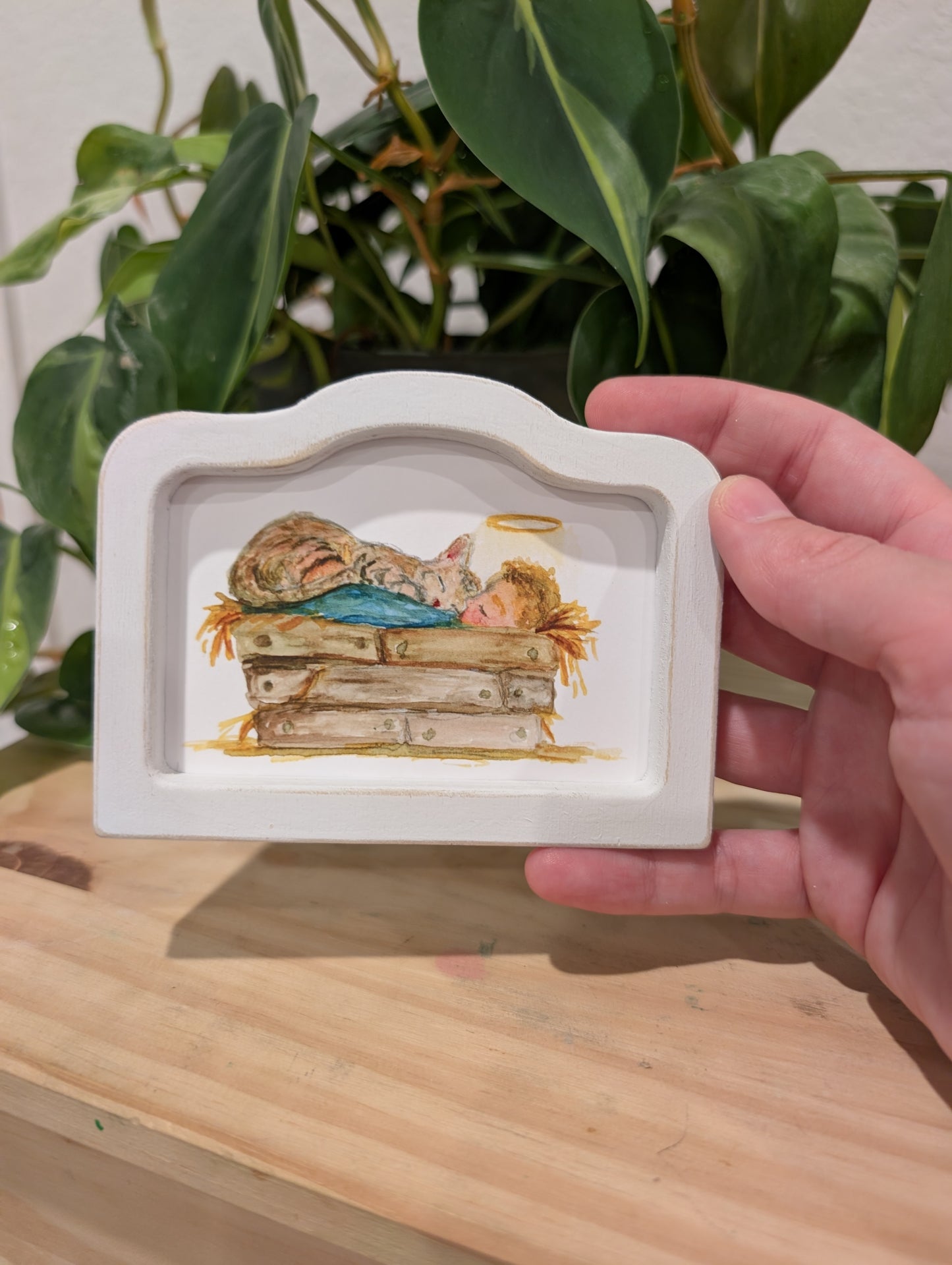 Mini Baby Jesus in Manger with Cat Art Print - Wood Arch Frame - Lora Cavallin Art