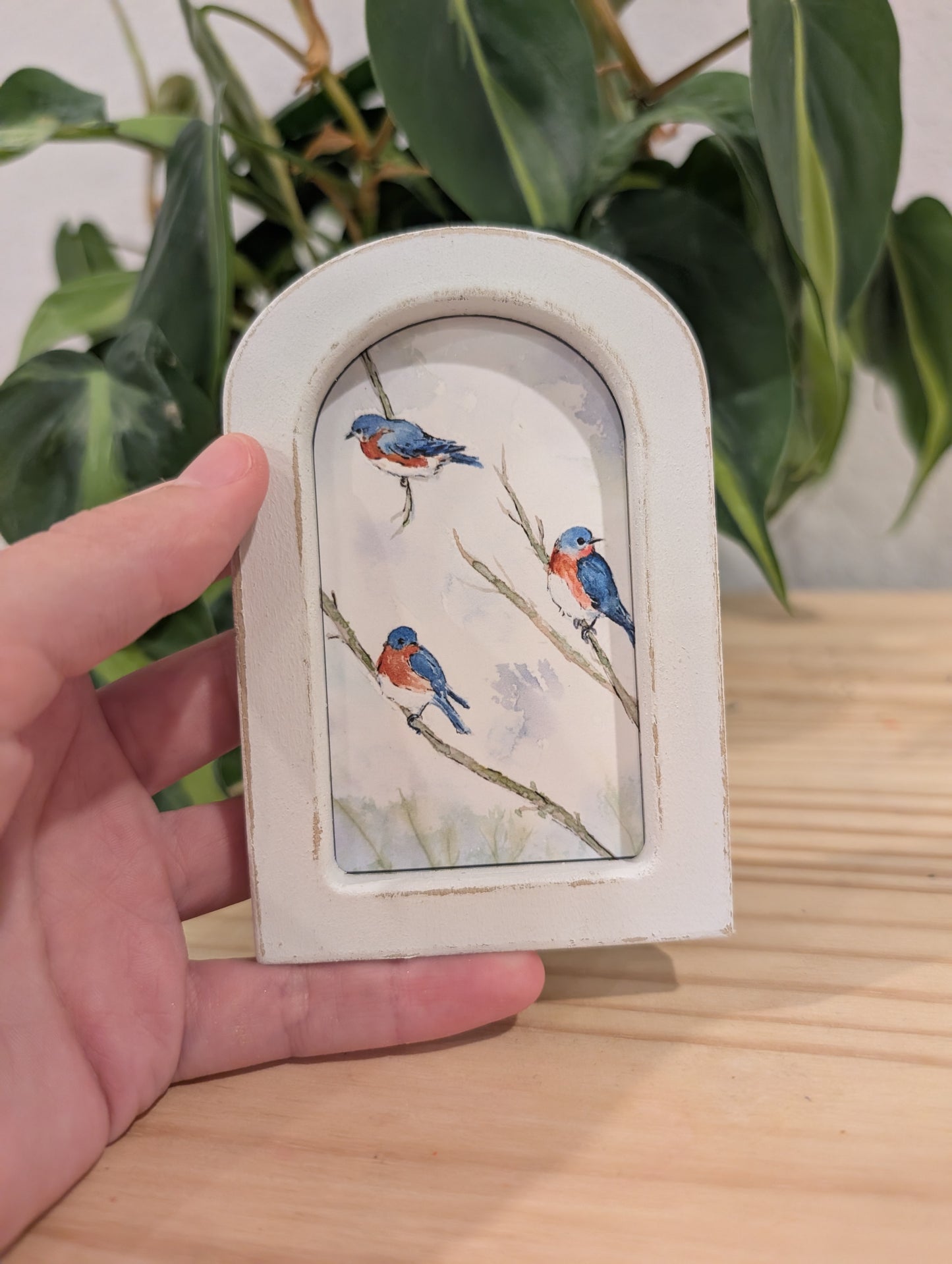 Mini Bluebirds on Branches Art Print - Wood Arch Frame - Lora Cavallin Art