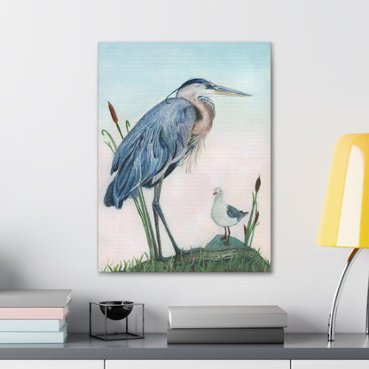 Great Blue Heron with Sea Gull Stretched Watercolor Art Canvas Gallery Wraps