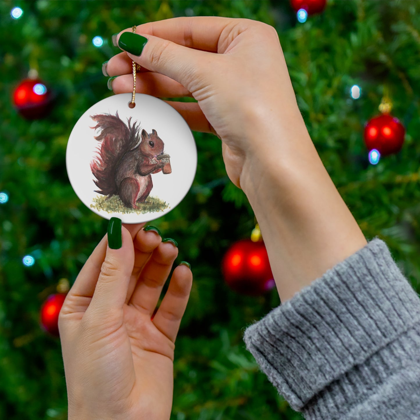 Ceramic Ornament, Whimsical Squirrel Drinking Coffee