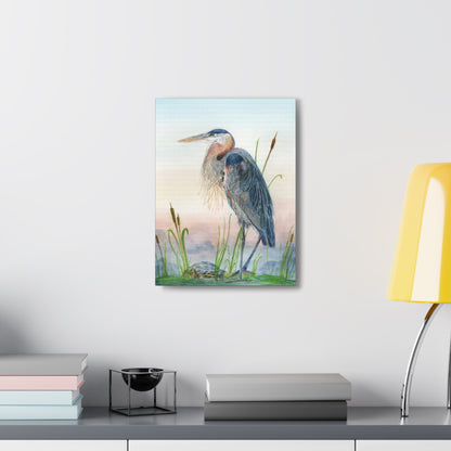 Great Blue Heron with Turtle Stretched Watercolor Art Canvas Gallery Wraps