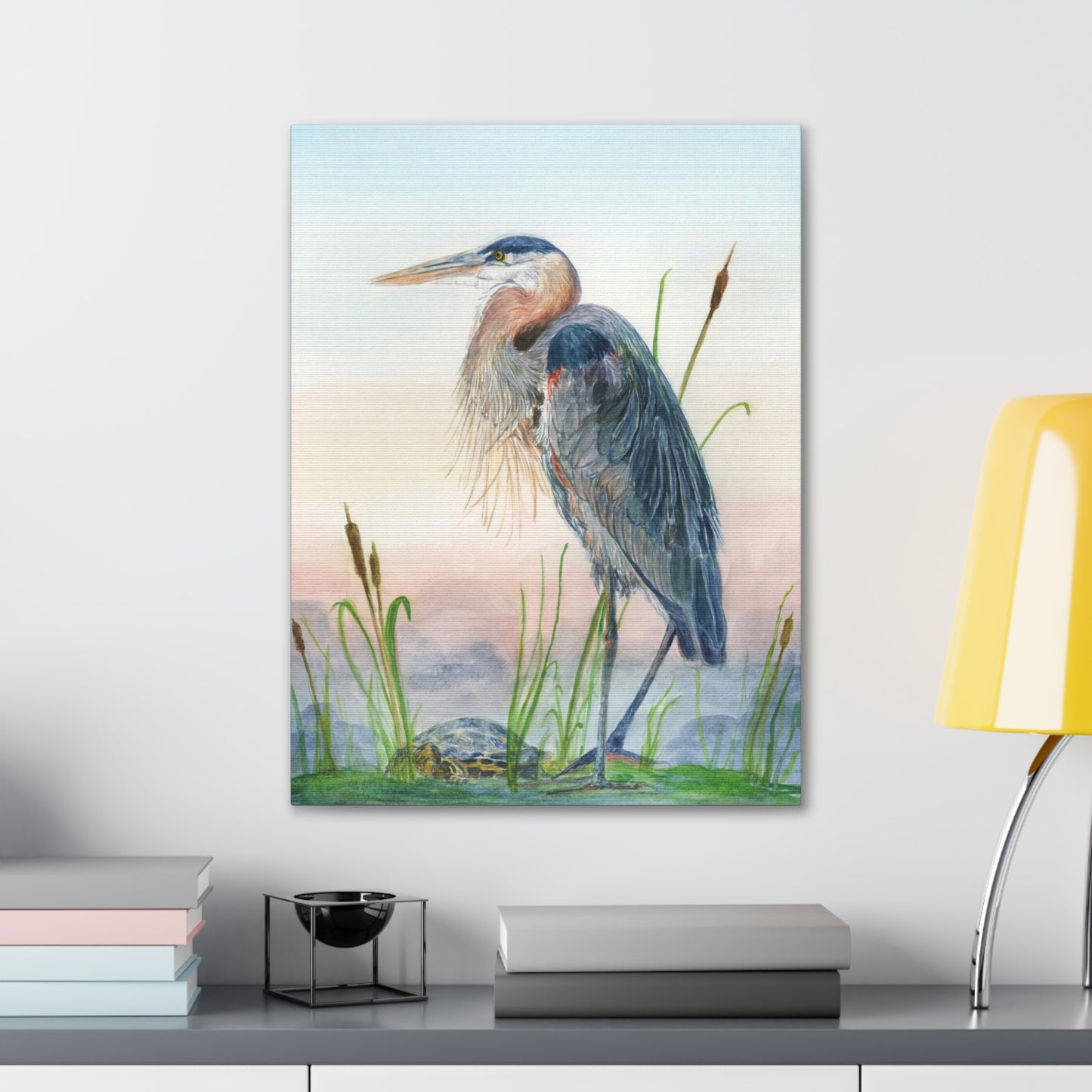 Great Blue Heron with Turtle Stretched Watercolor Art Canvas Gallery Wraps