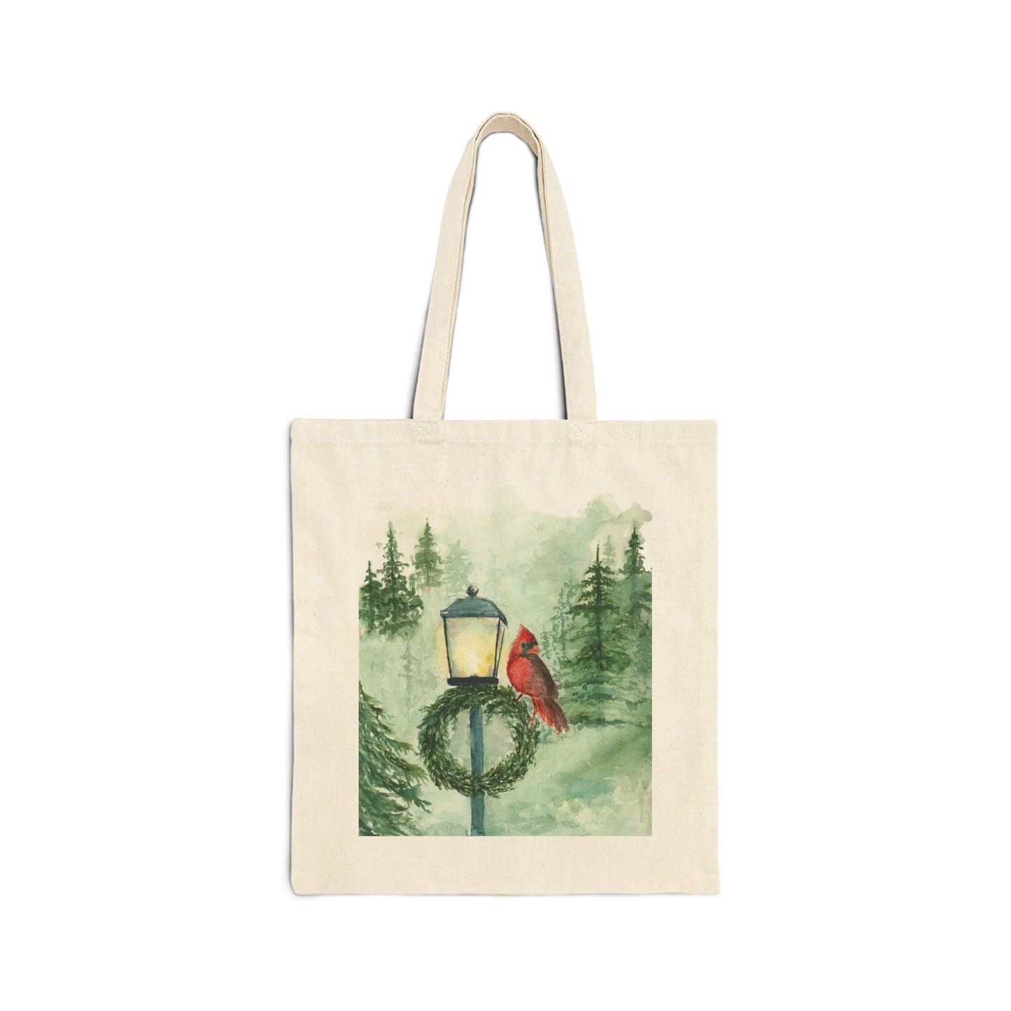 Red Cardinal Bird on Light Post - Watercolor Canvas Tote Bag - Lora Cavallin Art