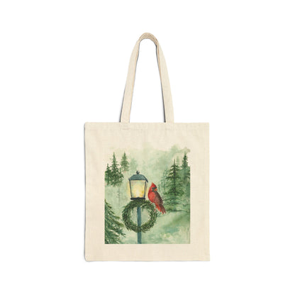 Red Cardinal Bird on Light Post - Watercolor Canvas Tote Bag - Lora Cavallin Art