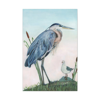 Great Blue Heron with Sea Gull Stretched Watercolor Art Canvas Gallery Wraps