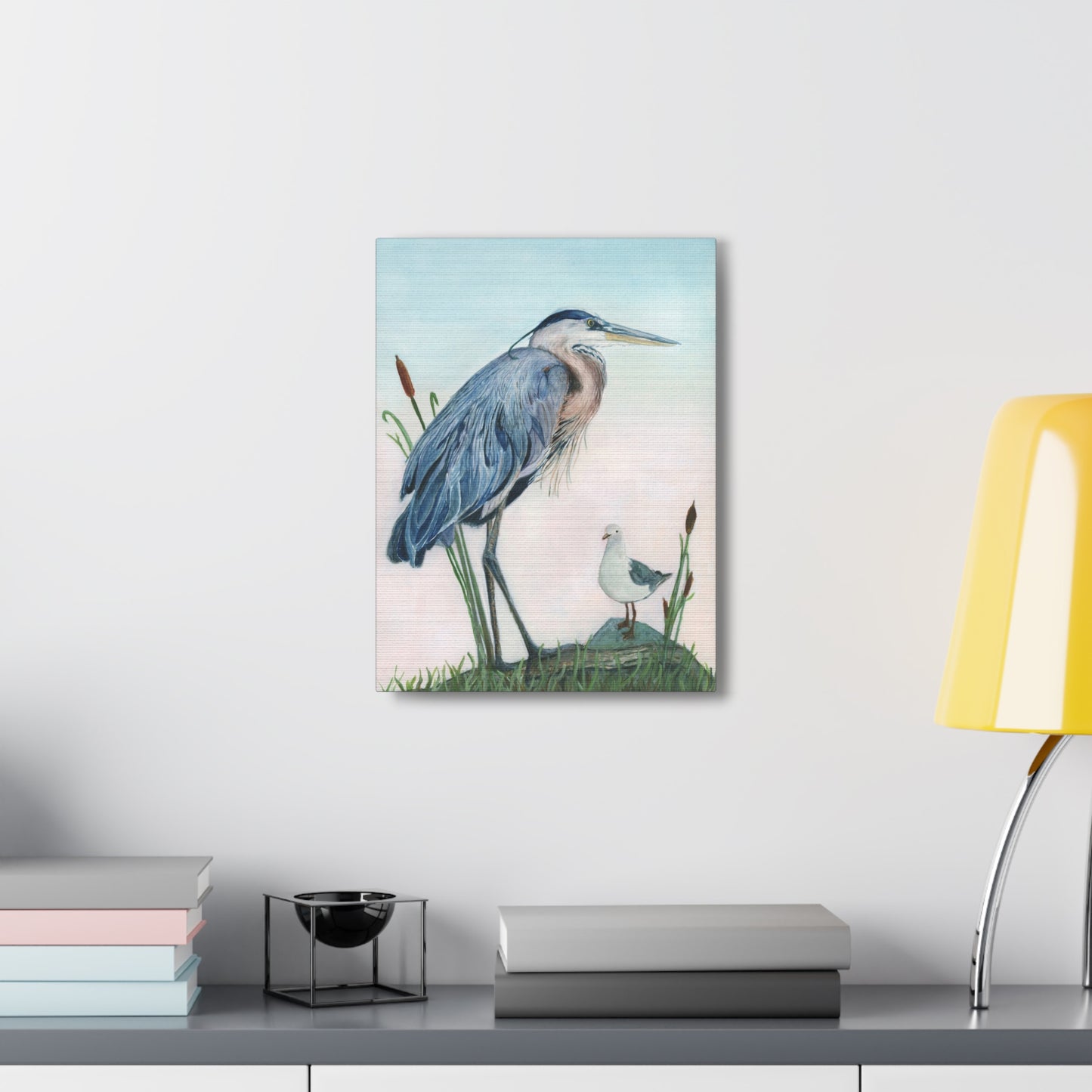 Great Blue Heron with Sea Gull Stretched Watercolor Art Canvas Gallery Wraps