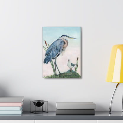 Great Blue Heron with Sea Gull Stretched Watercolor Art Canvas Gallery Wraps