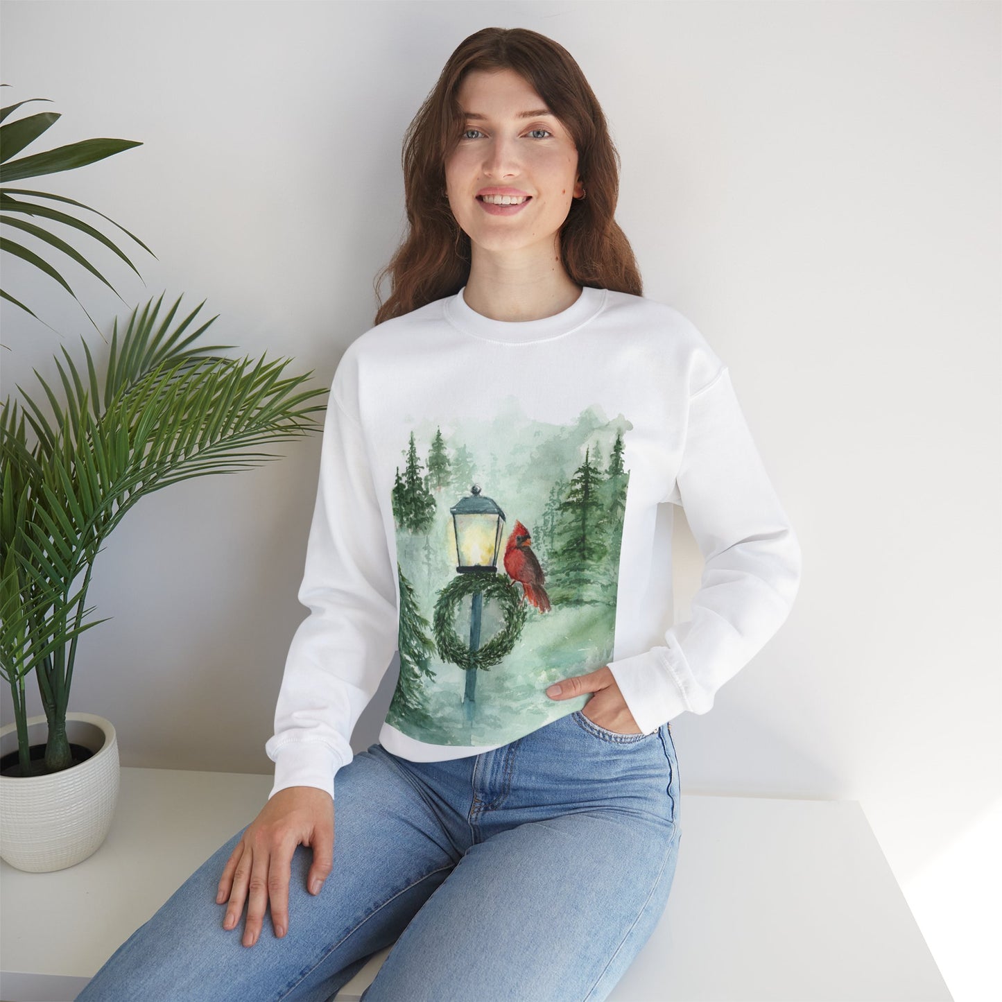 Crewneck Sweatshirt Red Cardinal Bird Watercolor Autum Vibes