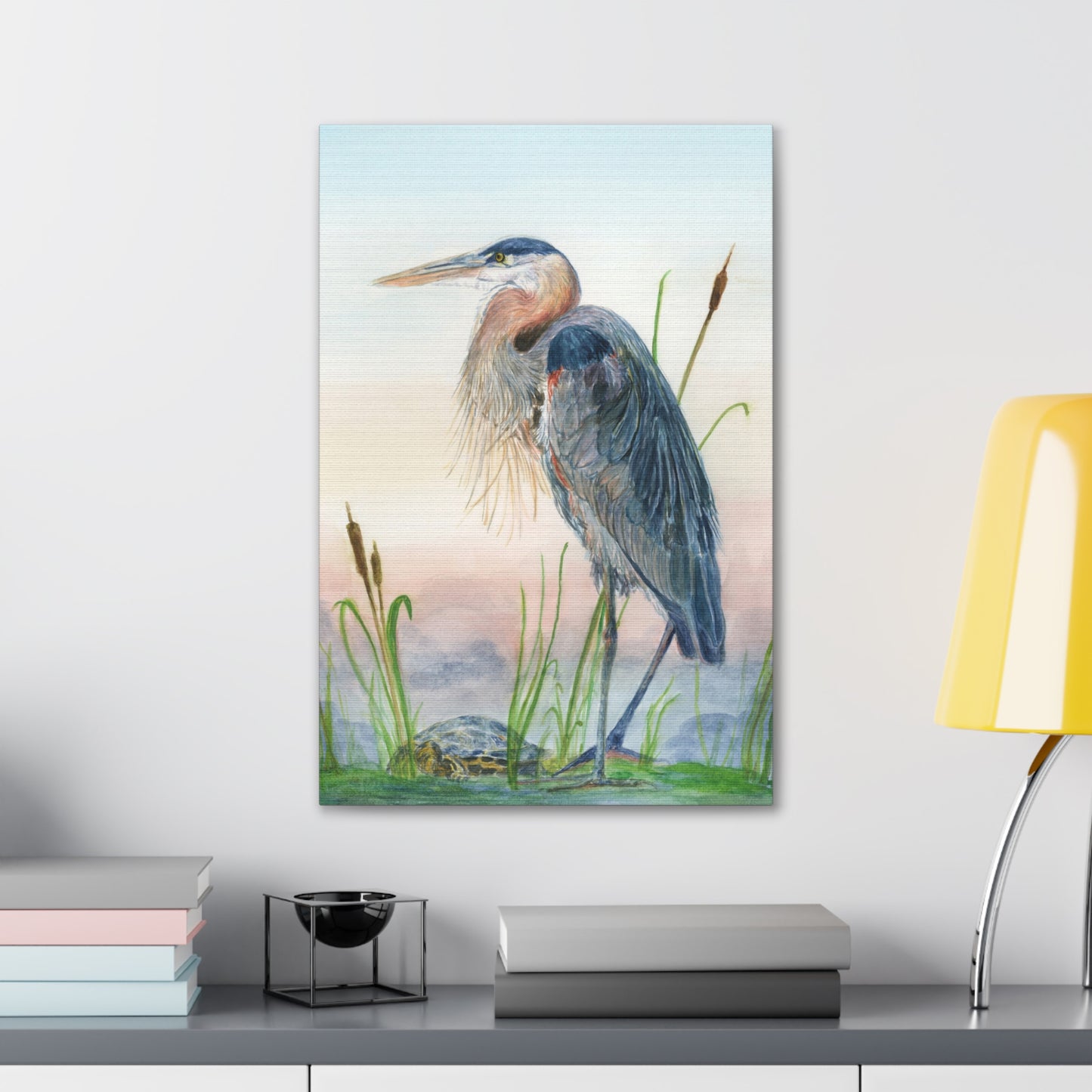 Great Blue Heron with Turtle Stretched Watercolor Art Canvas Gallery Wraps
