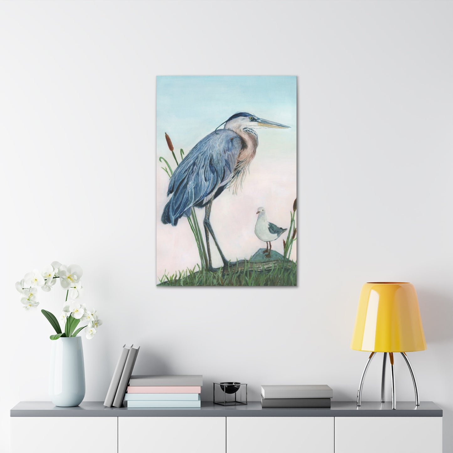 Great Blue Heron with Sea Gull Stretched Watercolor Art Canvas Gallery Wraps