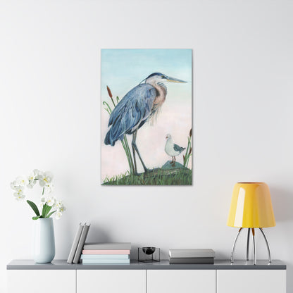 Great Blue Heron with Sea Gull Stretched Watercolor Art Canvas Gallery Wraps