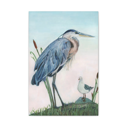 Great Blue Heron with Sea Gull Stretched Watercolor Art Canvas Gallery Wraps