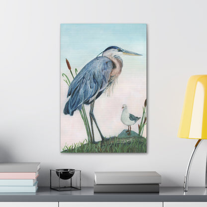 Great Blue Heron with Sea Gull Stretched Watercolor Art Canvas Gallery Wraps