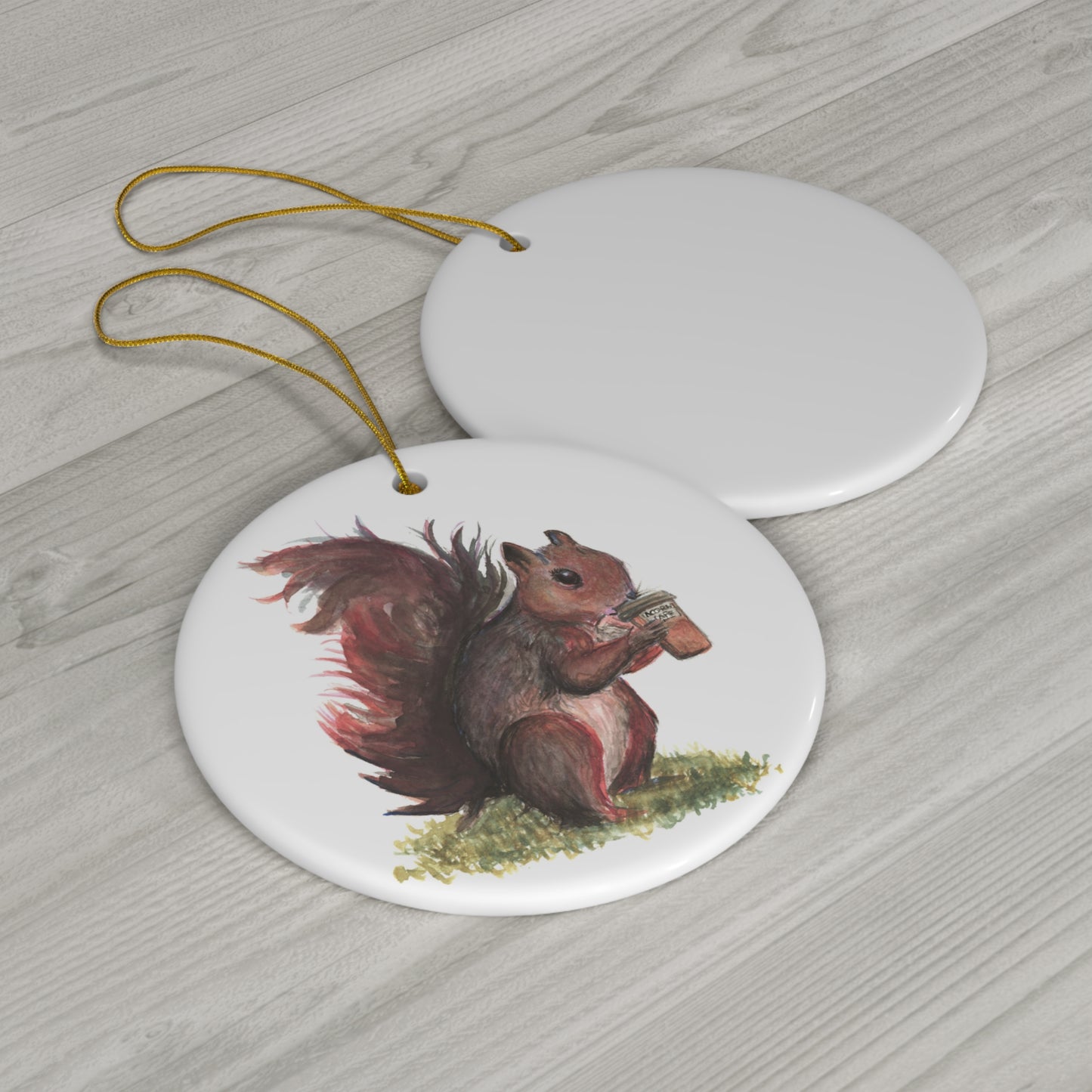 Ceramic Ornament, Whimsical Squirrel Drinking Coffee