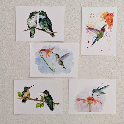 Set of 5 Hummingbird Art Prints – Unframed Watercolor Giclée Prints by Lora Cavallin – Bird Wall Art for Home Decor