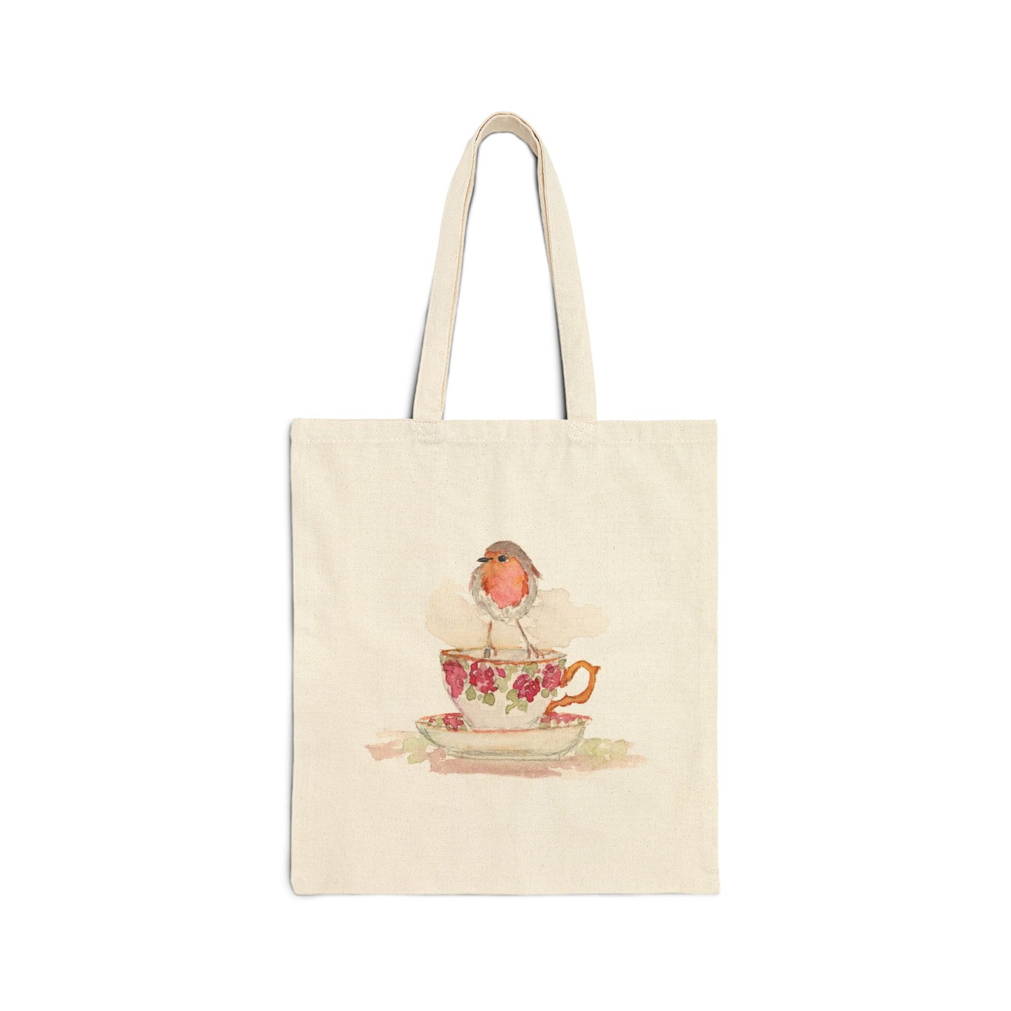 Robin on a Teacup - Watercolor Canvas Tote Bag - Lora Cavallin Art