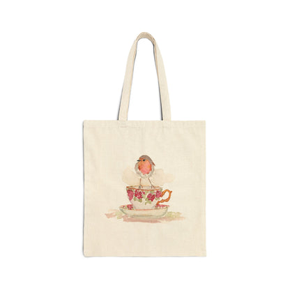 Robin on a Teacup - Watercolor Canvas Tote Bag - Lora Cavallin Art