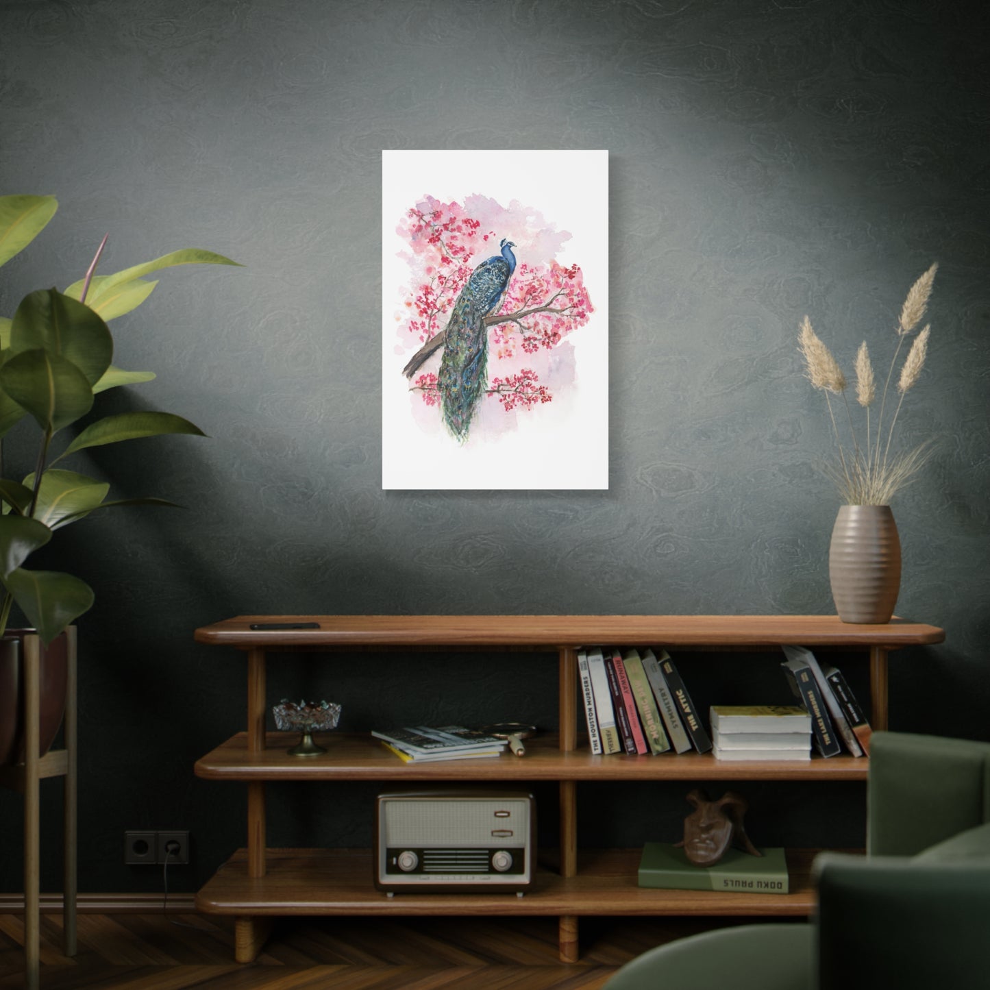 Peacock facing Right -  Stretched Canvas by Lora Cavallin