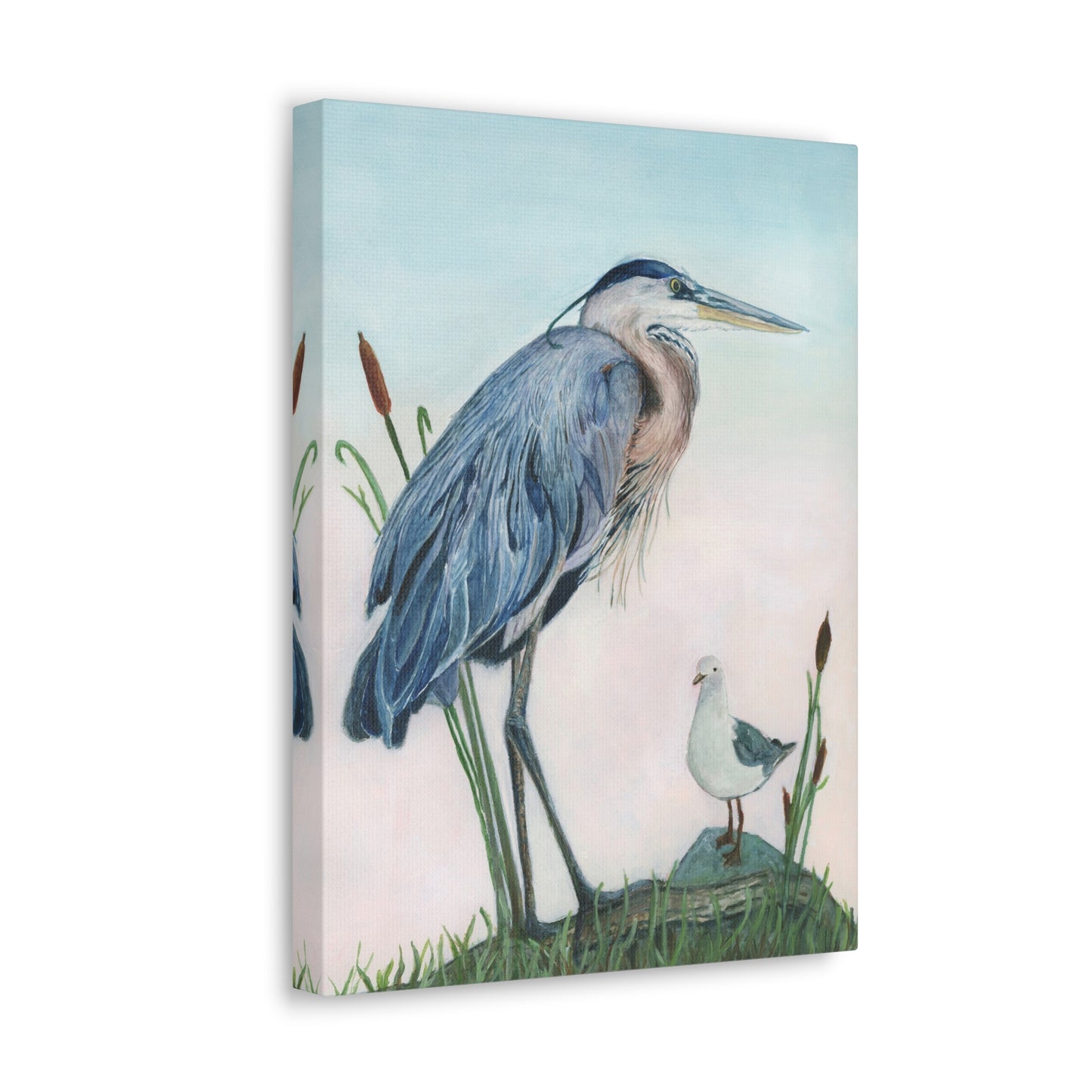 Great Blue Heron with Sea Gull Stretched Watercolor Art Canvas Gallery Wraps