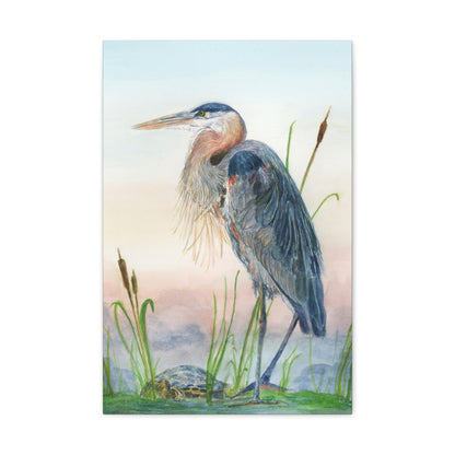 Great Blue Heron with Turtle Stretched Watercolor Art Canvas Gallery Wraps
