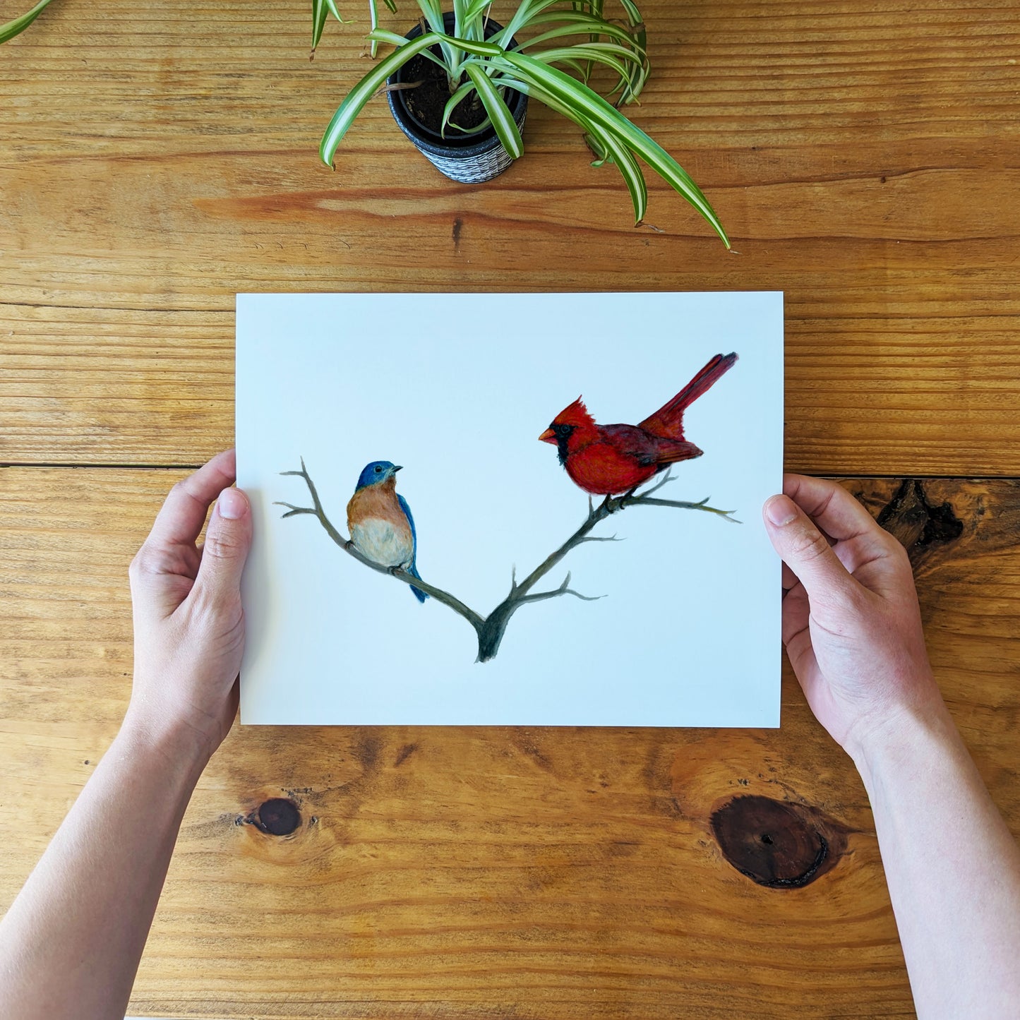 a person holding a card with two birds on it