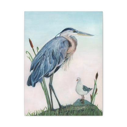 Great Blue Heron with Sea Gull Stretched Watercolor Art Canvas Gallery Wraps