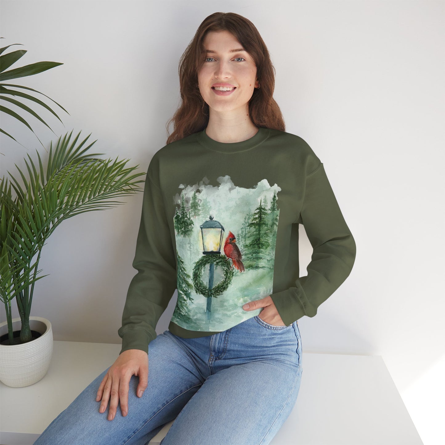 Crewneck Sweatshirt Red Cardinal Bird Watercolor Autum Vibes