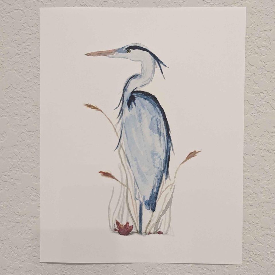 a watercolor painting of a blue heron