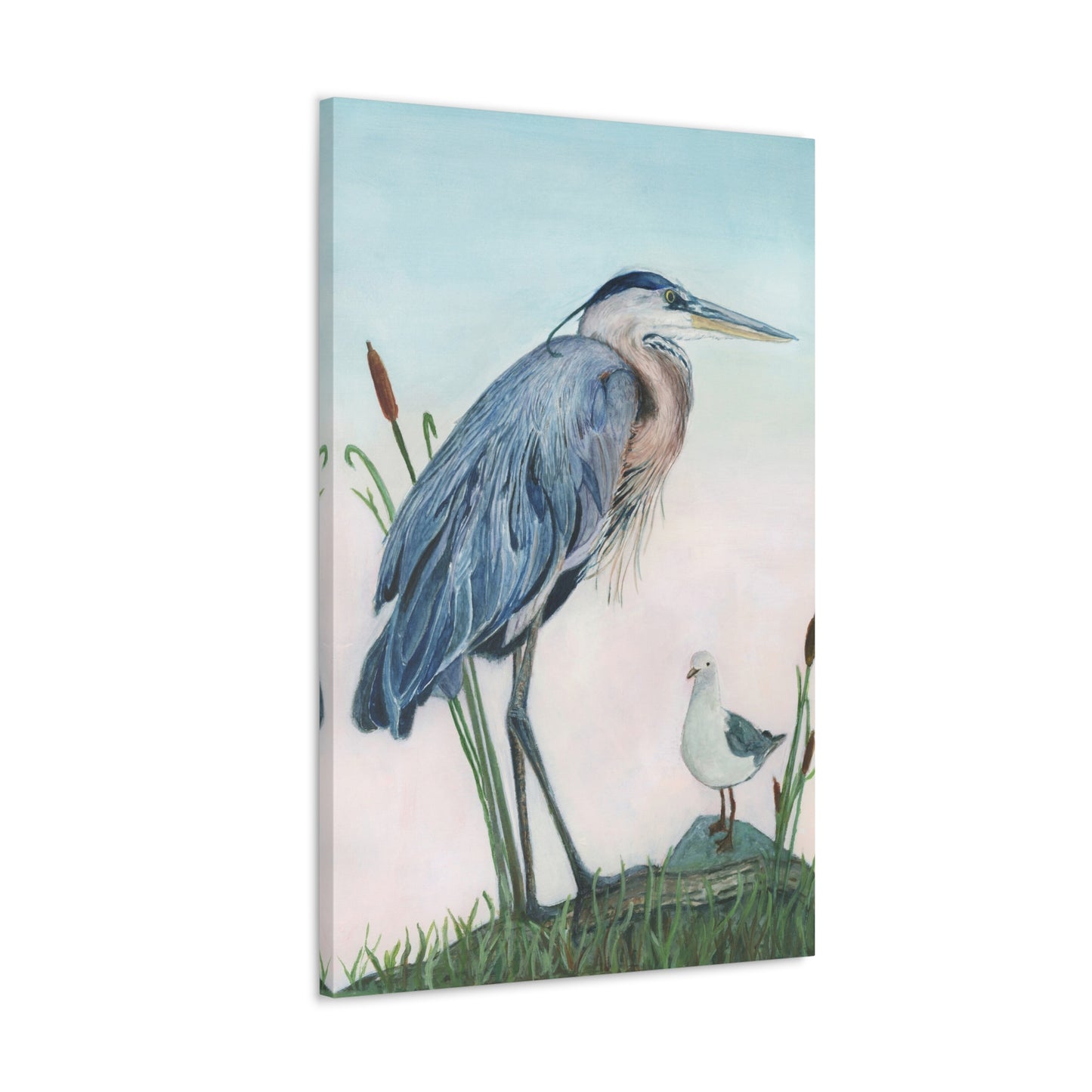 Great Blue Heron with Sea Gull Stretched Watercolor Art Canvas Gallery Wraps