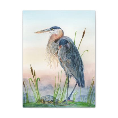 Great Blue Heron with Turtle Stretched Watercolor Art Canvas Gallery Wraps