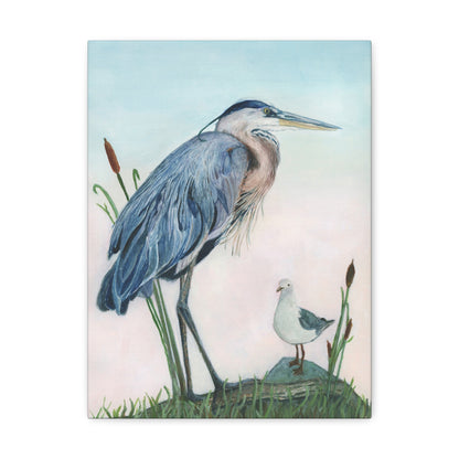 Great Blue Heron with Sea Gull Stretched Watercolor Art Canvas Gallery Wraps