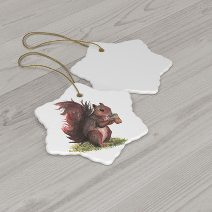 Ceramic Ornament, Whimsical Squirrel Drinking Coffee