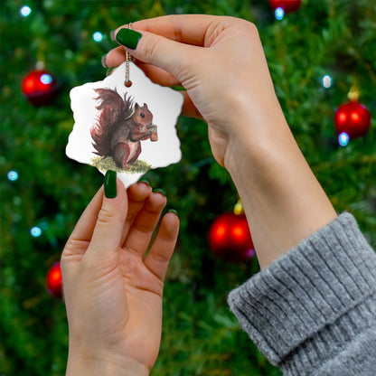 Ceramic Ornament, Whimsical Squirrel Drinking Coffee