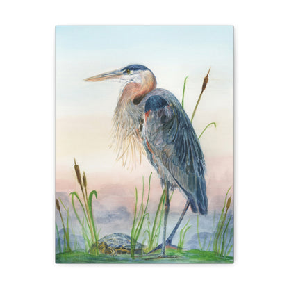 Great Blue Heron with Turtle Stretched Watercolor Art Canvas Gallery Wraps
