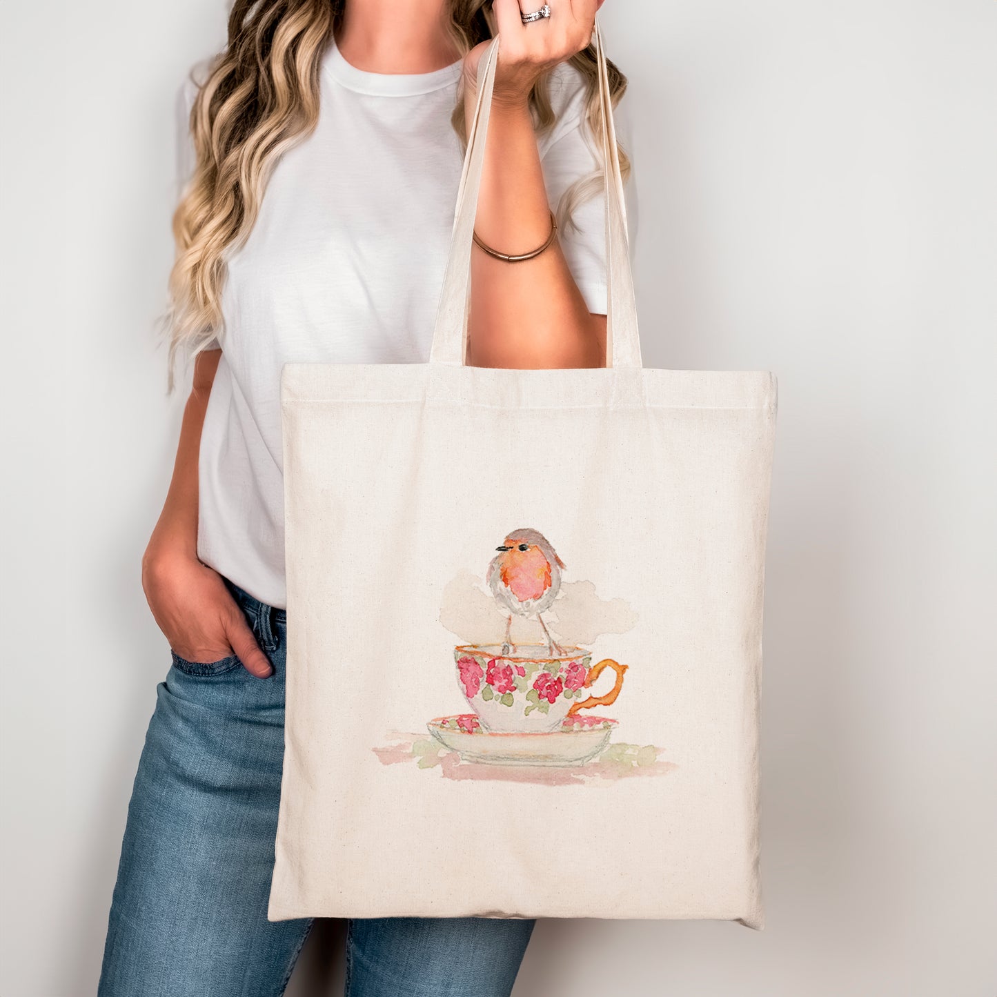 Robin on a Teacup - Watercolor Canvas Tote Bag - Lora Cavallin Art