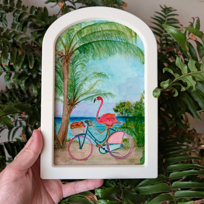 Flamingo on Bike - Large Arched Framed Print