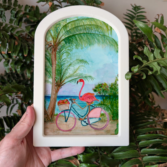 Flamingo on Bike - Large Arched Framed Print