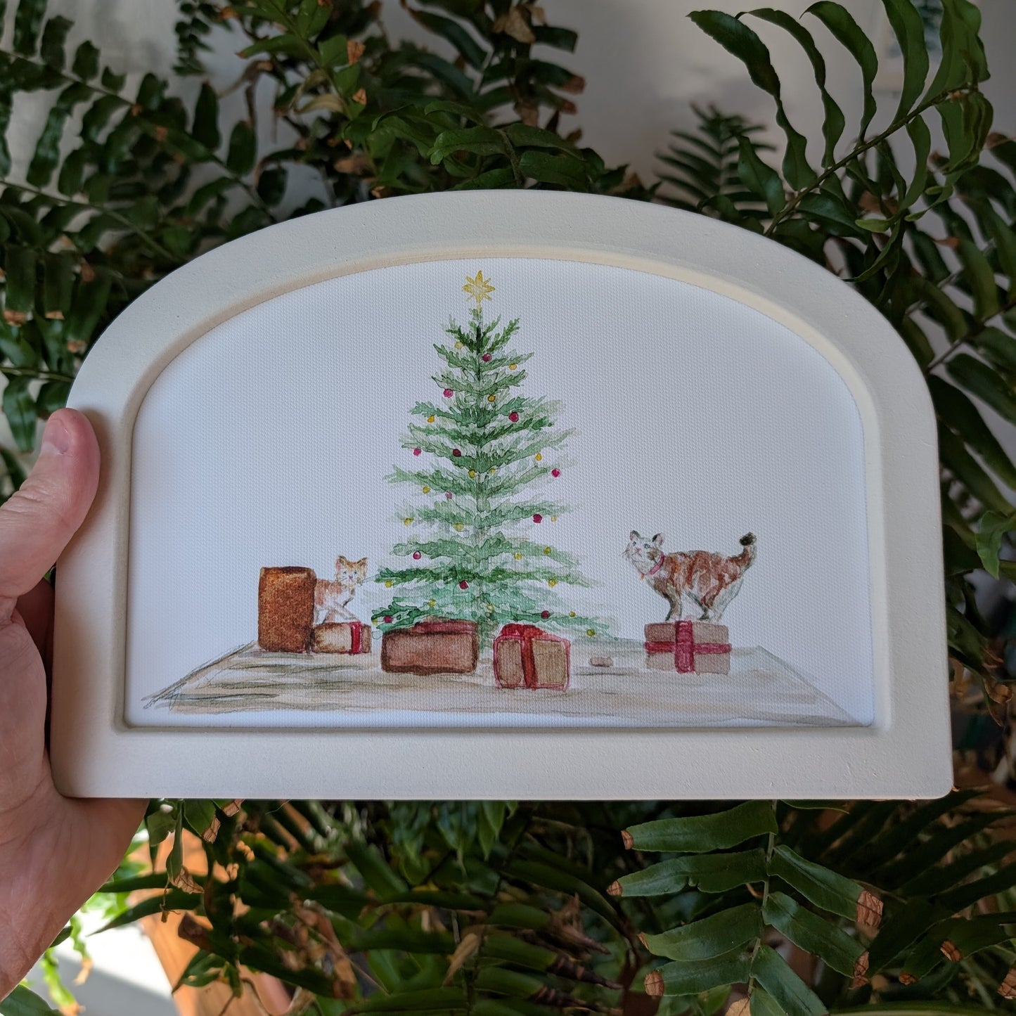Cats and Christmas Watercolor - Large Arched Frame