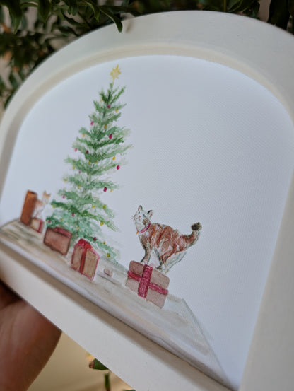 Cats and Christmas Watercolor - Large Arched Frame