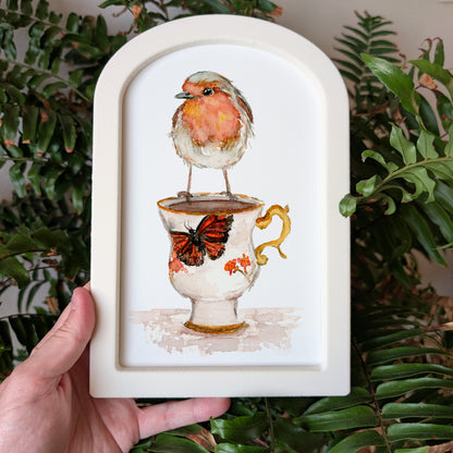 Robin on Teacup - Large Arched Framed Print