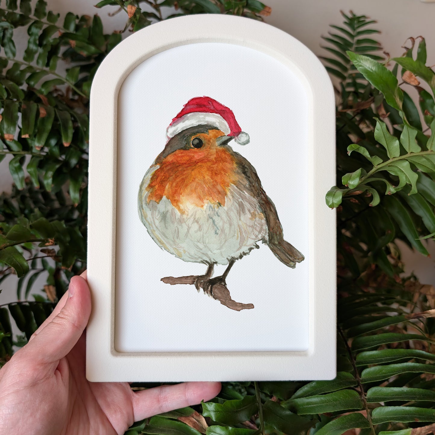 Robin with Santa Hat - Large Arched Frame